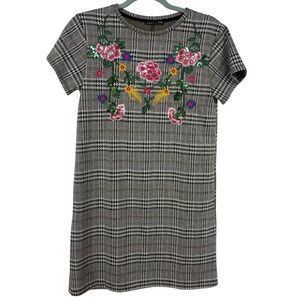 Zara Womens Size S Shift Dress Glen Plaid Floral Embroidery Sequins Knit Black